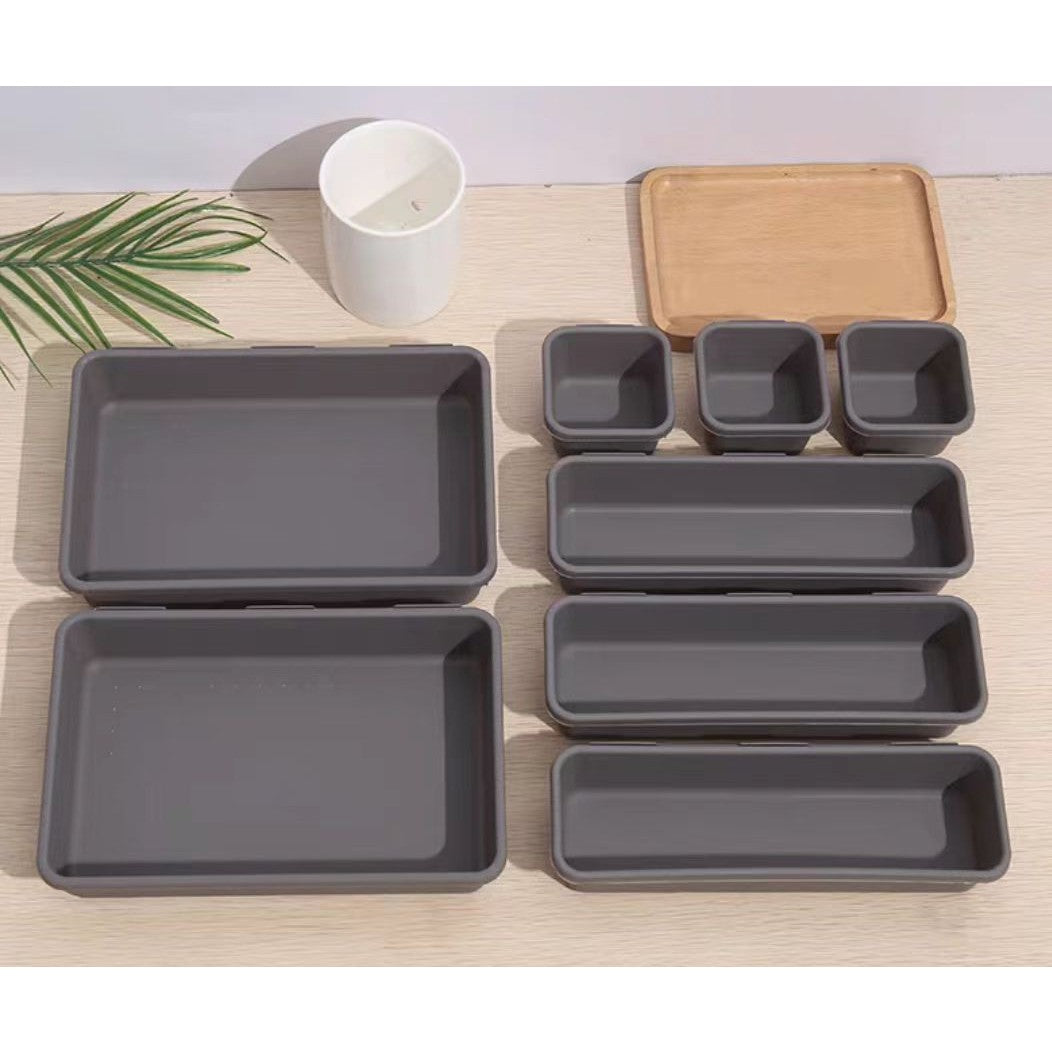 Set 8 cutii depozitare, pentru sertar, cosmetice, ustensile bucatarie, textile, plastic, gri, 23.5 x 16 cm