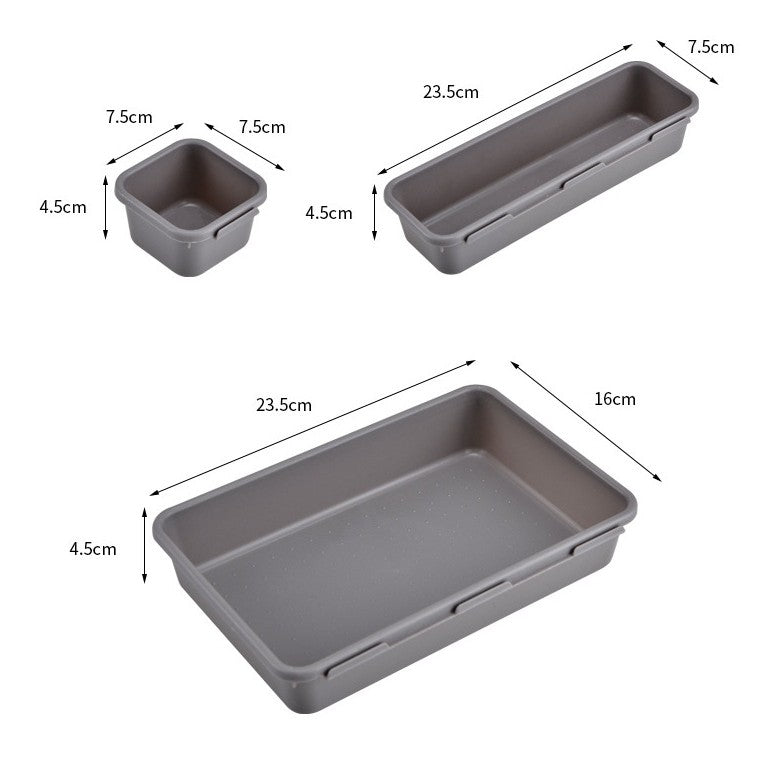Set 8 cutii depozitare, pentru sertar, cosmetice, ustensile bucatarie, textile, plastic, gri, 23.5 x 16 cm