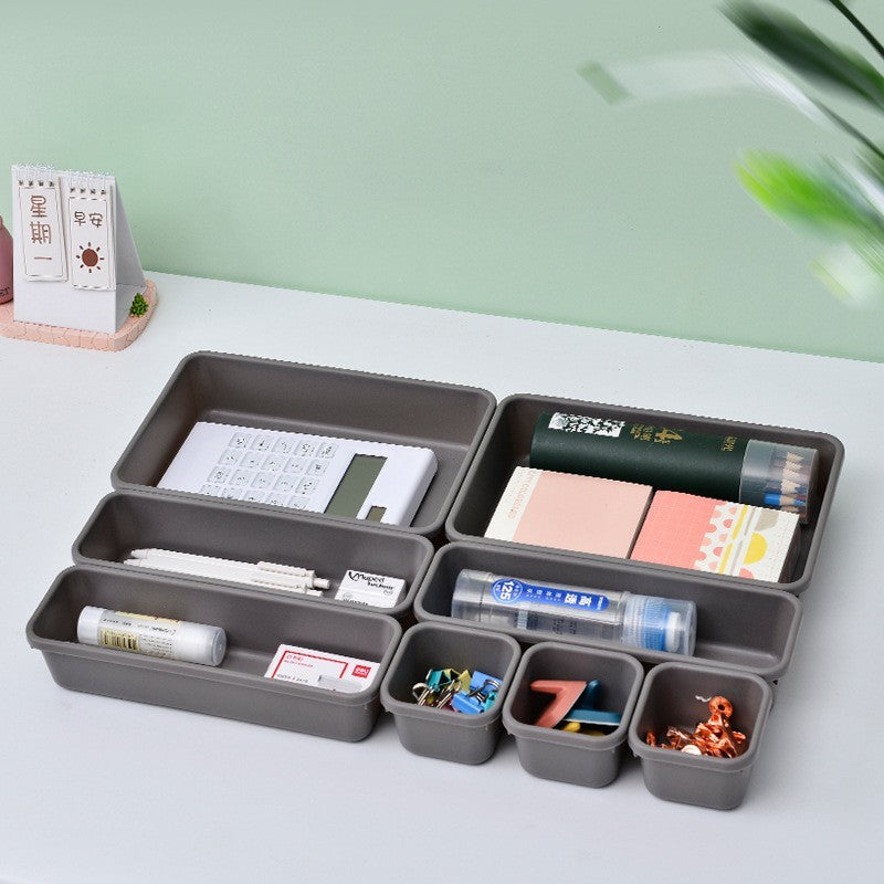 Set 8 cutii depozitare, pentru sertar, cosmetice, ustensile bucatarie, textile, plastic, gri, 23.5 x 16 cm