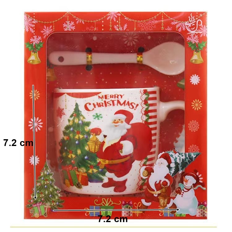 Set Cana Ceramica cu Linguriță, 200ml, Tematica Moș Crăciun cu Brad