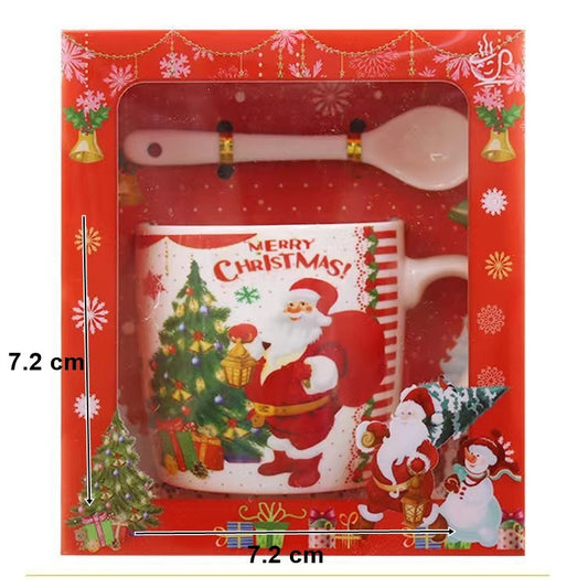 Set Cana Ceramica cu Linguriță, 200ml, Tematica Moș Crăciun cu Brad
