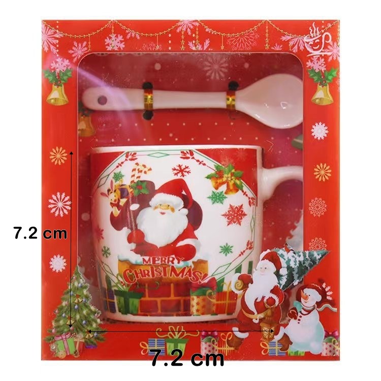 Set Cana Ceramica cu Linguriță, 200 ml, Moș Crăciun cu sac de cadouri