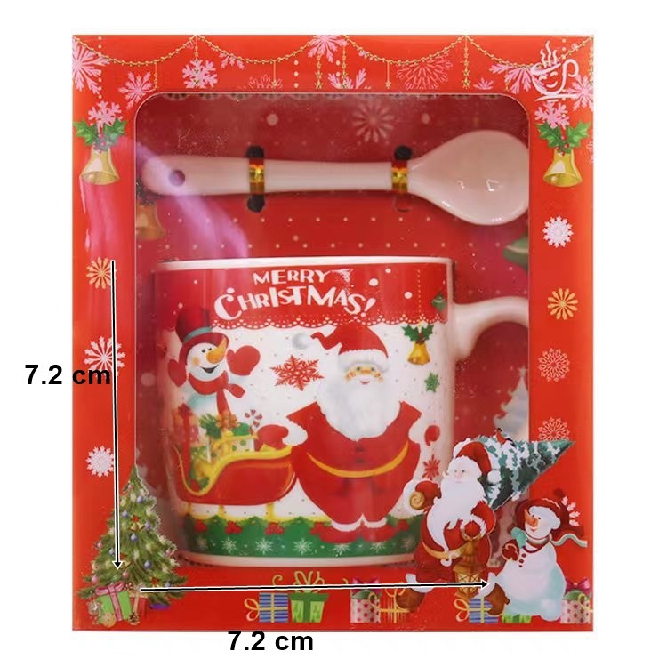 Set Cana Ceramica cu Linguriță, 200ml, Tematica Moș Crăciun cu Sanie