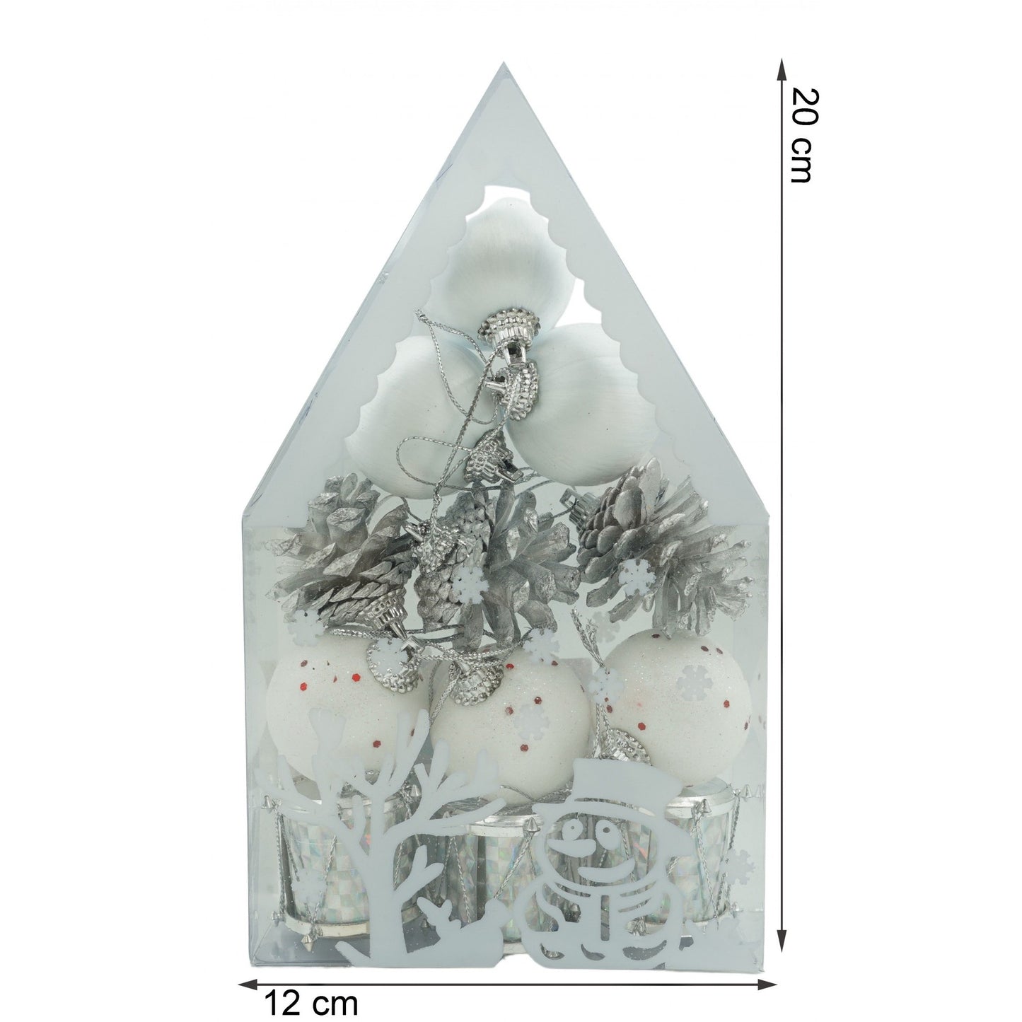 Set 12 ornamente pentru brad tip glob, Alb-Argintiu
