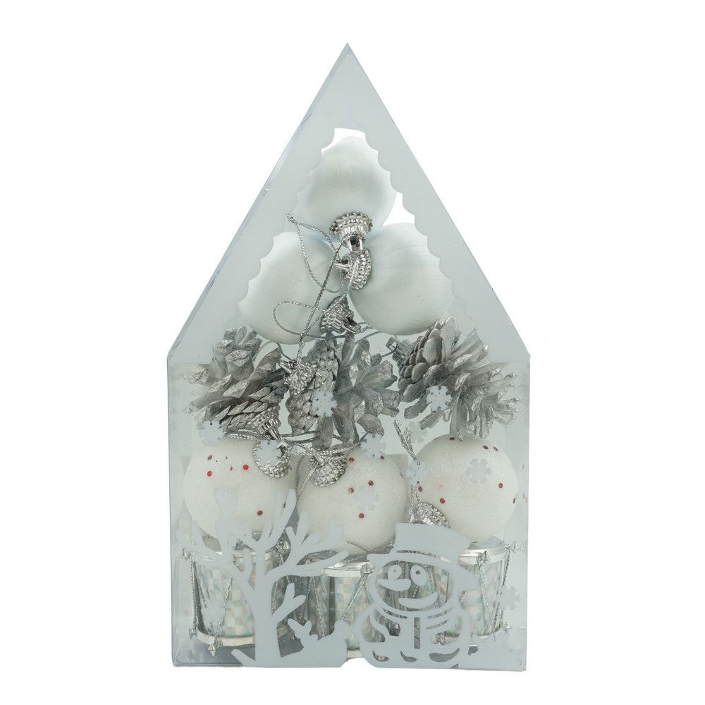 Set 12 ornamente pentru brad tip glob, Alb-Argintiu