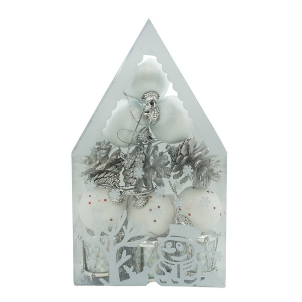 Set 12 ornamente pentru brad tip glob, Alb-Argintiu