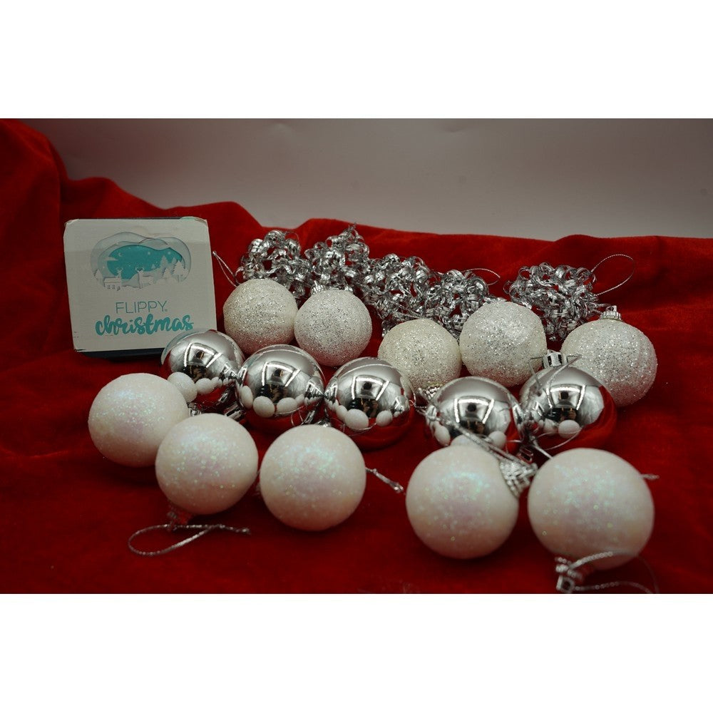 Set de 20 ornamente de brad tip glob, Alb/Argintiu
