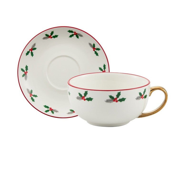 Set de Ceai, Temă Crăciun, Ceainic 420 ml, Cană 310 ml, Farfurie, din Porțelan, Model Happy Christmas