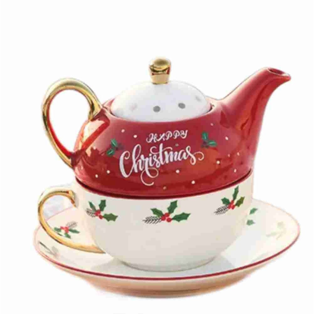 Set de Ceai, Temă Crăciun, Ceainic 420 ml, Cană 310 ml, Farfurie, din Porțelan, Model Happy Christmas