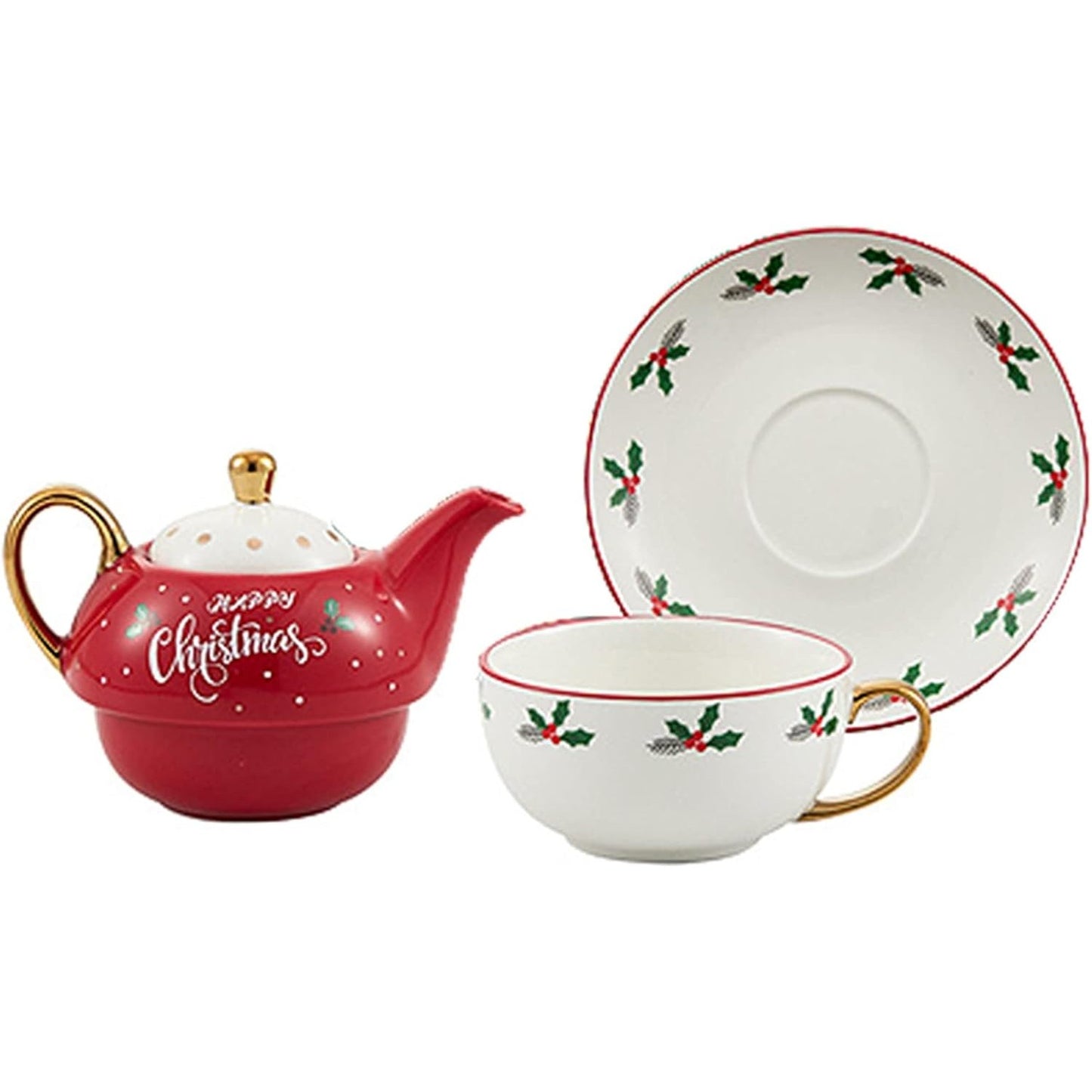 Set de Ceai, Temă Crăciun, Ceainic 420 ml, Cană 310 ml, Farfurie, din Porțelan, Model Happy Christmas