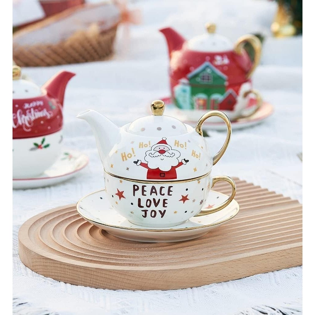 Set de Ceai, Temă Crăciun, Ceainic 420 ml, Cană 310 ml, Farfurie, din Porțelan, Model Mos Craciun, Alb