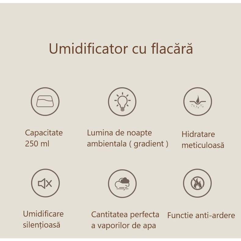 Umidificator de tip flacăra cu Aromaterapie , 7 culori , 250 ml
