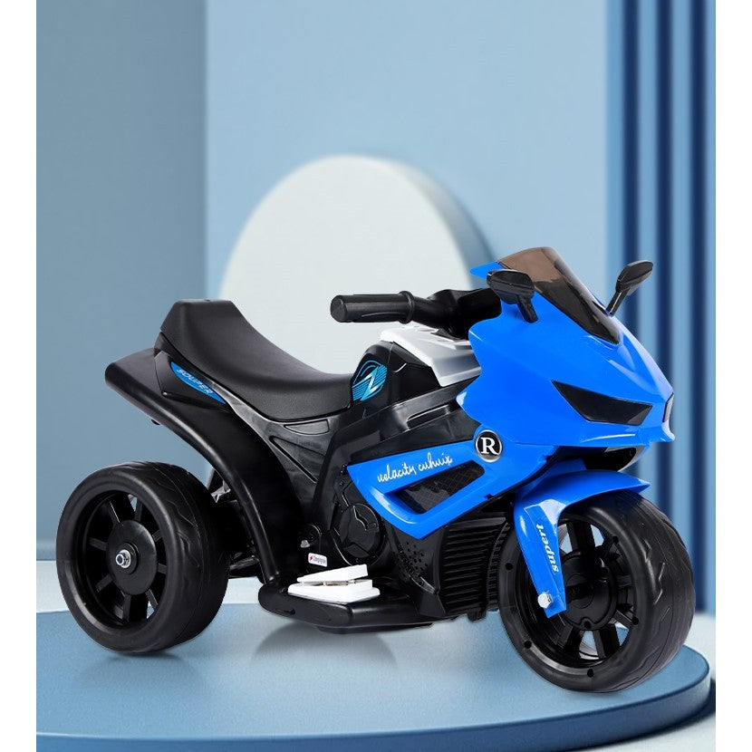 MOTOCICLETĂ ELECTRICĂ CU 3 ROTI, ACUMULATOR ÎNCARCARE, ANTI-RASTURNARE, LUMINI, SUNETE, OFF-ROAD, BATERIE 6V 4.5AH, 66X34X43CM, ALBASTRU