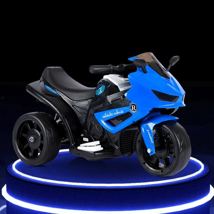 MOTOCICLETĂ ELECTRICĂ CU 3 ROTI, ACUMULATOR ÎNCARCARE, ANTI-RASTURNARE, LUMINI, SUNETE, OFF-ROAD, BATERIE 6V 4.5AH, 66X34X43CM, ALBASTRU