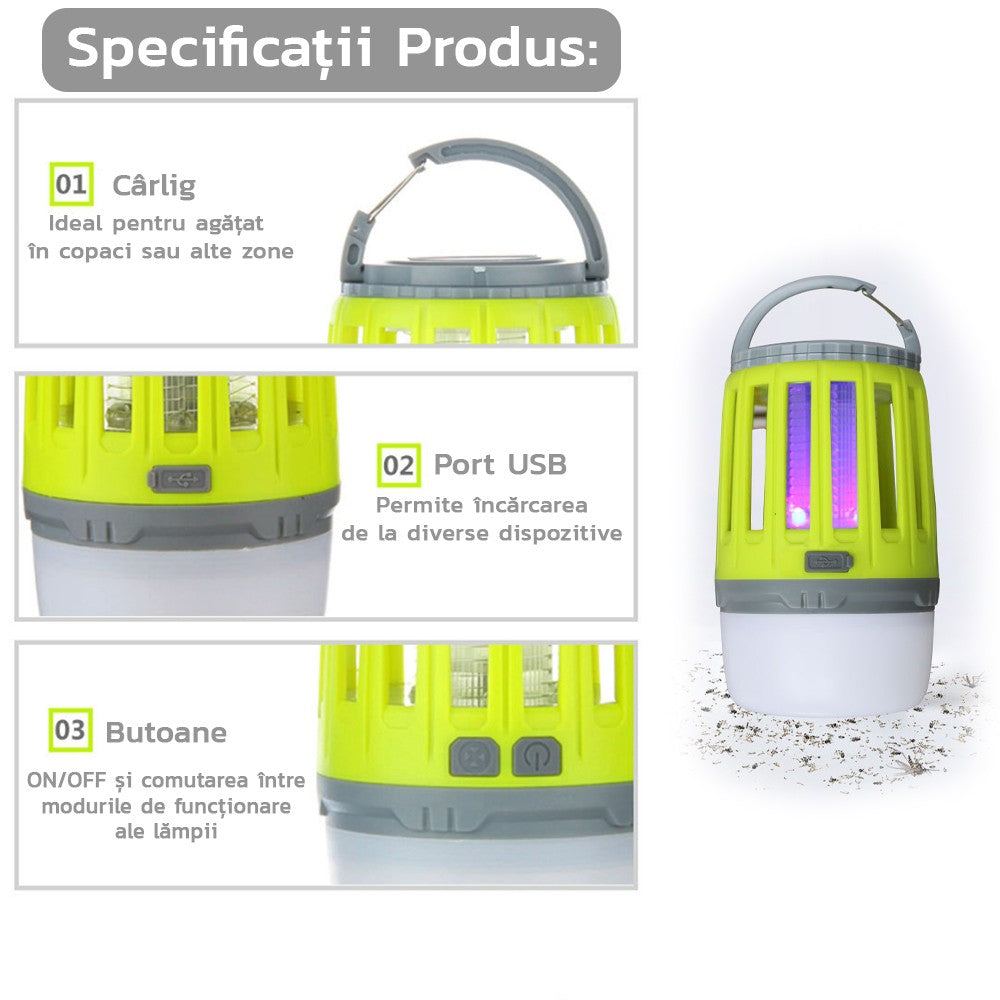 🪰 Lampa UV Anti-Insecte MaisonElise 2 în 1, Anti Țânțari & Iluminare, Port USB, IPX6, 200 Lumen, Portabilă, Verde, 8.5 x 13.3 cm