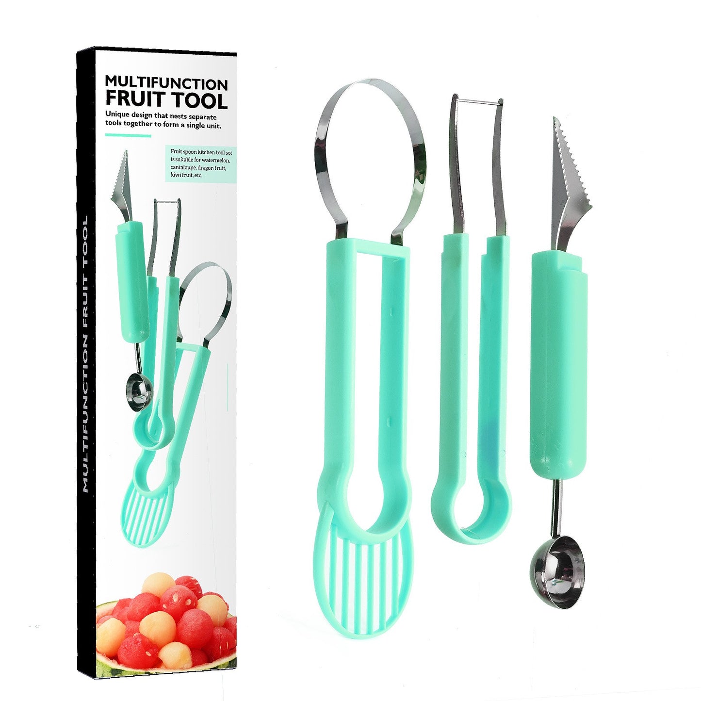 Ustensila bucătărie 4in1 pentru tăiat si decorat fructe din inox-Verde