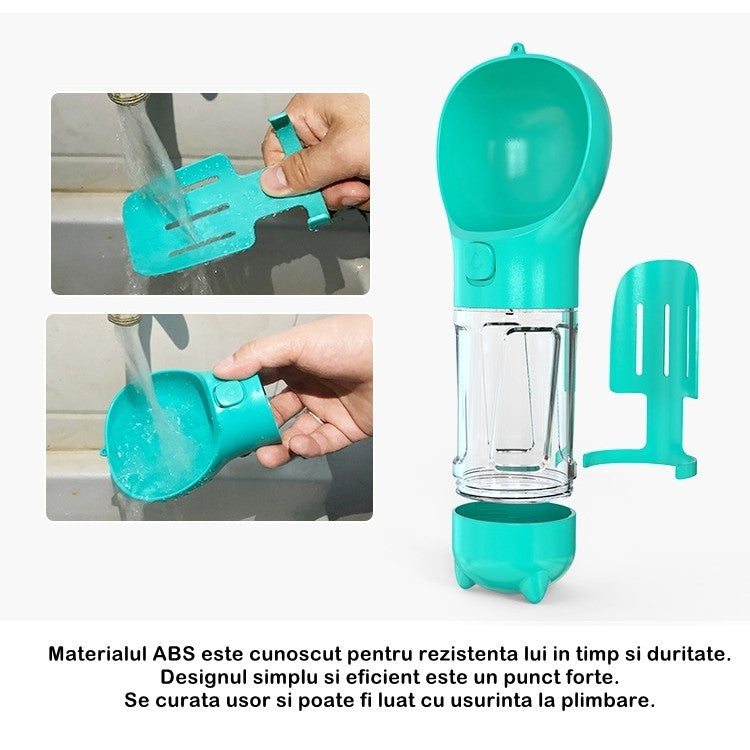 Sticla portabila 4 in 1, pentru câini si pisici cu 3 compartimente + lopetica, 300ml apa, hrana si pungi igienice.