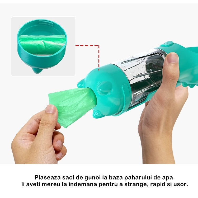 Sticla portabila 4 in 1, pentru câini si pisici cu 3 compartimente + lopetica, 300ml apa, hrana si pungi igienice.