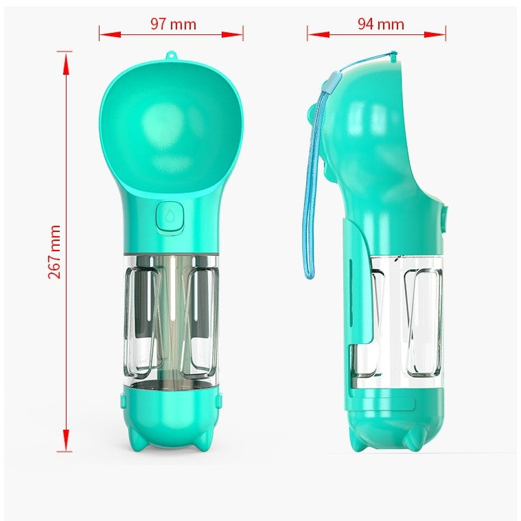 Sticla portabila 4 in 1, pentru câini si pisici cu 3 compartimente + lopetica, 300ml apa, hrana si pungi igienice.