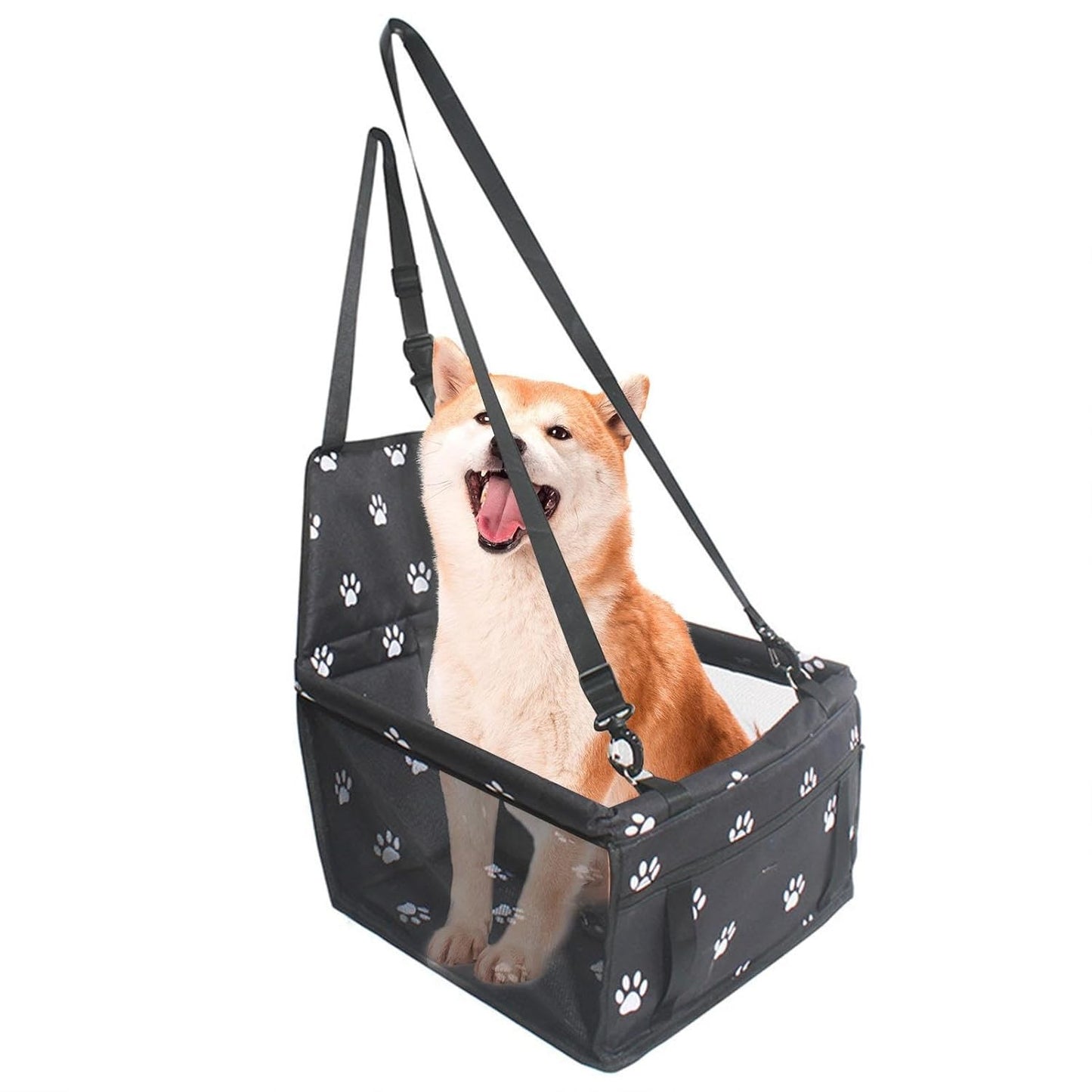 Suport pentru Animalele de Companie pentru Mașină, cu Prindere de Scaun și Centură de Siguranță, Negru cu Imprimeu, 40 x 32 x 42 cm