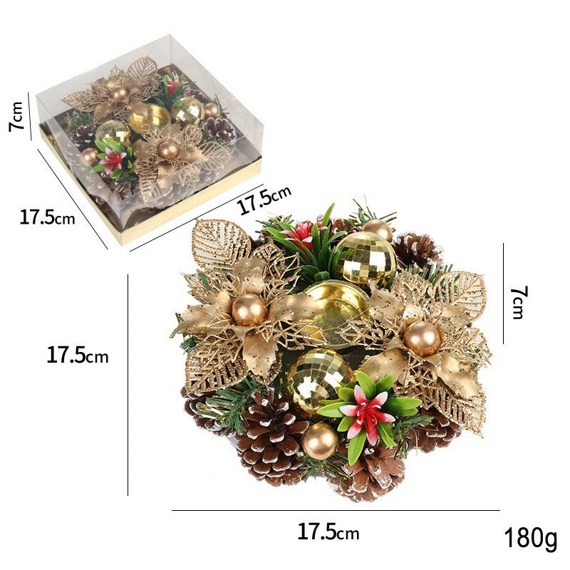 Suport pentru Lumanare de Craciun, Model Cupa cu 2 Globutele Aurii si 2 Flori cu Conuri