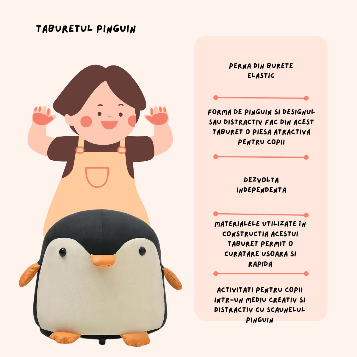 Taburet pentru copii in forma de pinguin, Negru