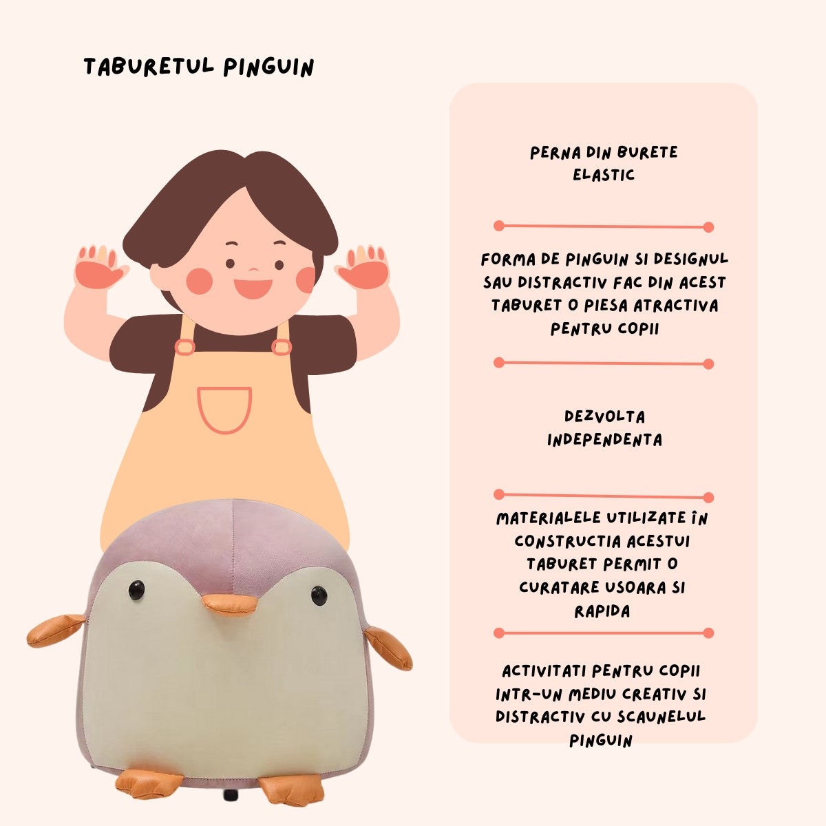 Taburet pentru copii in forma de pinguin, Roz