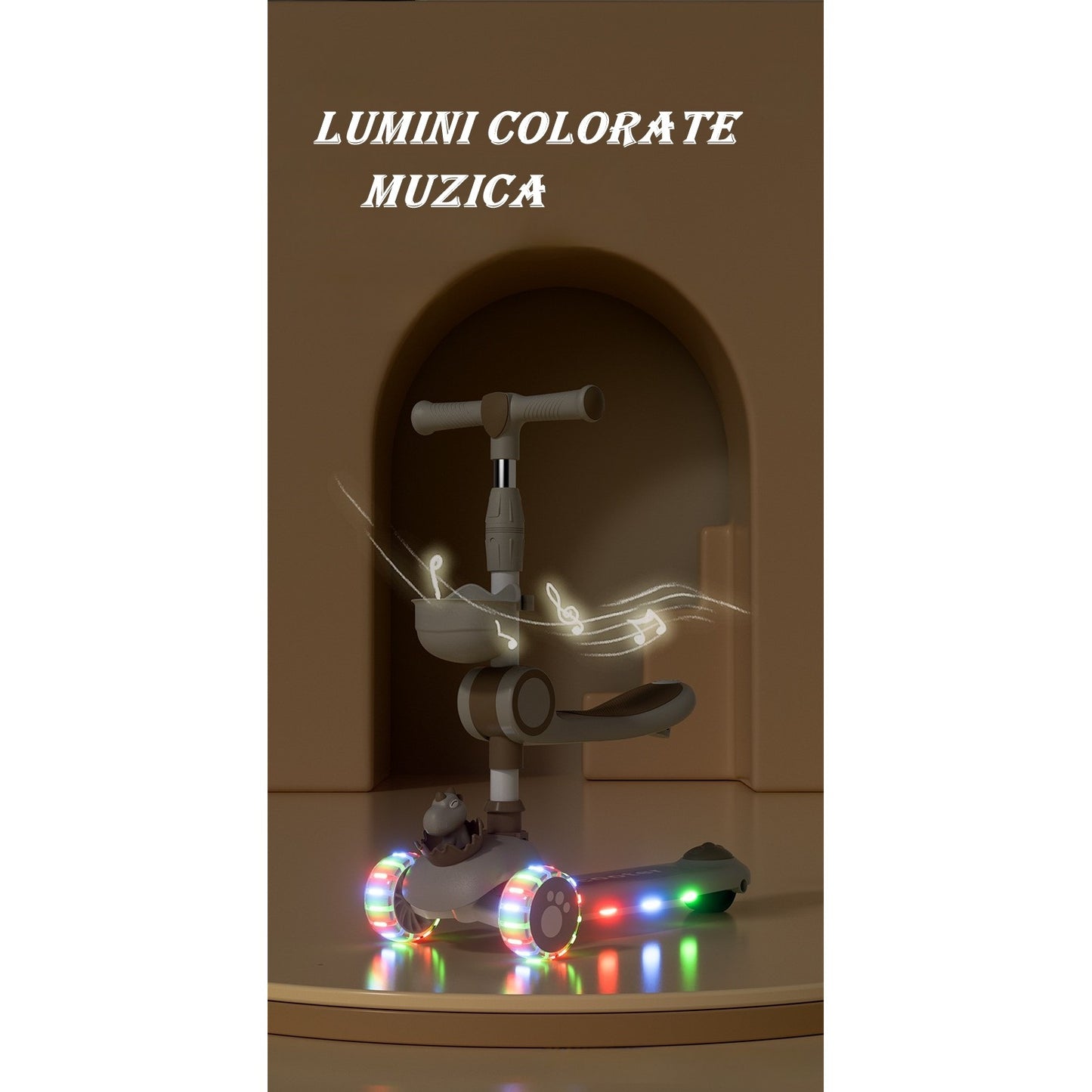 Trotineta Multifunctionala 3 in 1, pentru Copii, 1-7 Ani, cu Lumini si Muzica, Reglabil 360, Pliere Usoara, Reglarea Inaltimii, Model Dinozaur, Alb/Bej