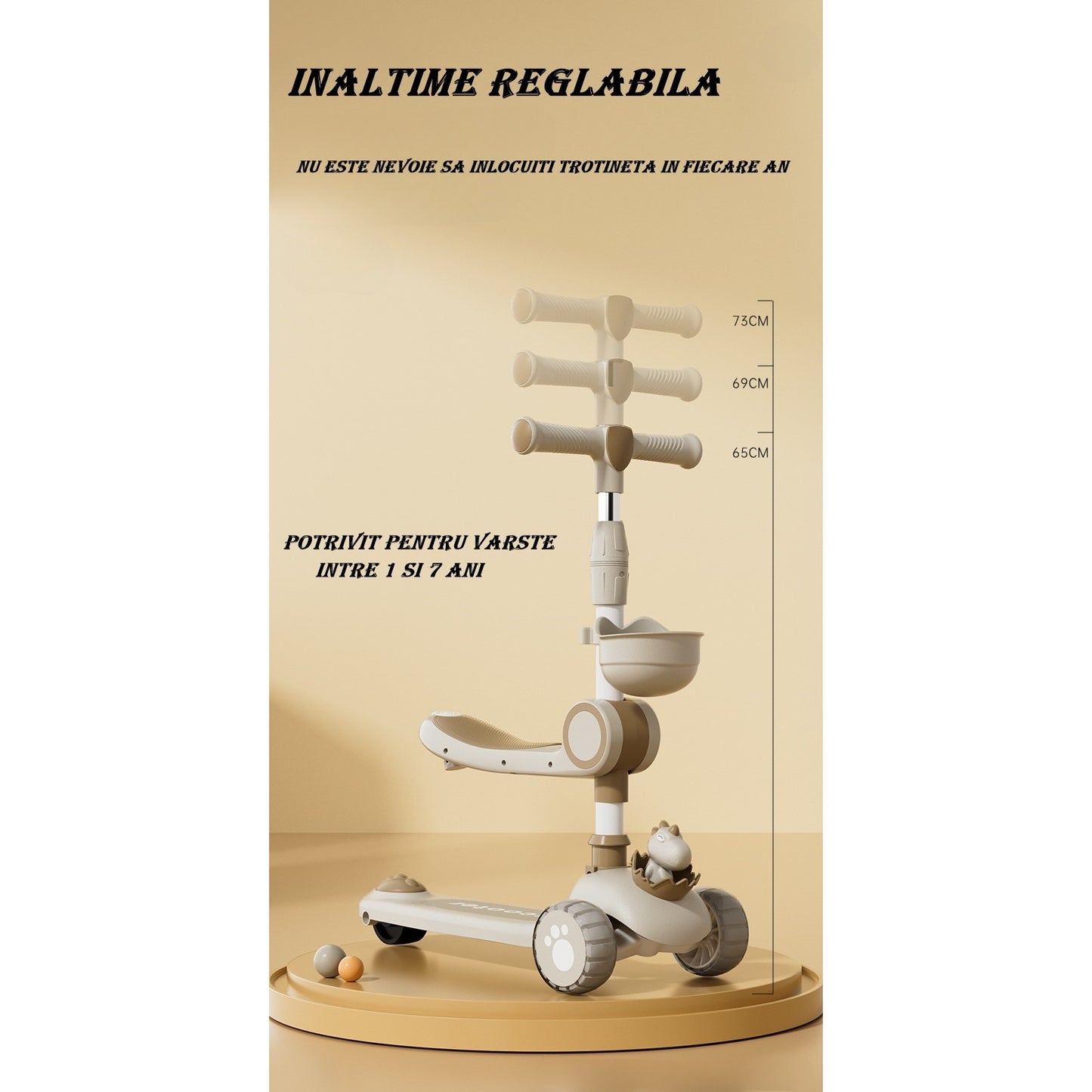 Trotineta Multifunctionala 3 in 1, pentru Copii, 1-7 Ani, cu Lumini si Muzica, Reglabil 360, Pliere Usoara, Reglarea Inaltimii, Model Dinozaur, Alb/Bej