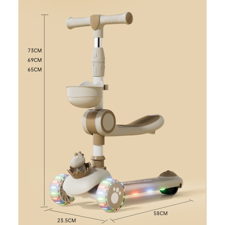 Trotineta Multifunctionala 3 in 1, pentru Copii, 1-7 Ani, cu Lumini si Muzica, Reglabil 360, Pliere Usoara, Reglarea Inaltimii, Model Dinozaur, Alb/Bej