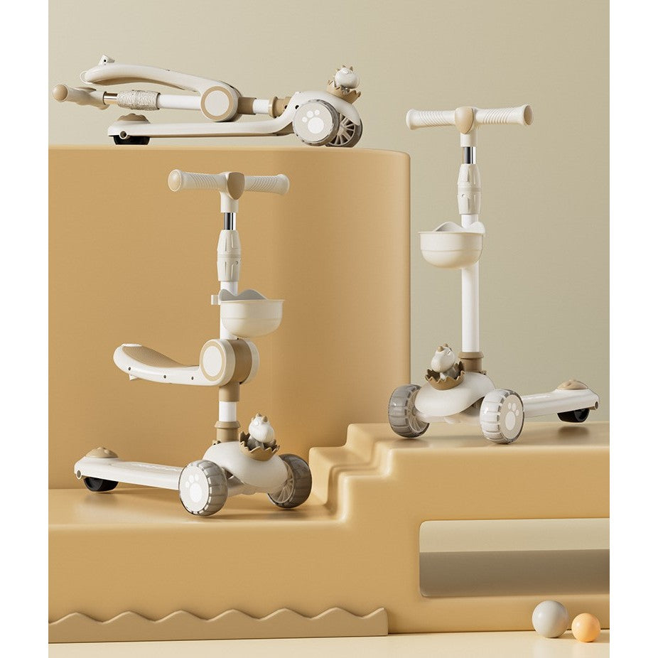 Trotineta Multifunctionala 3 in 1, pentru Copii, 1-7 Ani, cu Lumini si Muzica, Reglabil 360, Pliere Usoara, Reglarea Inaltimii, Model Dinozaur, Alb/Bej