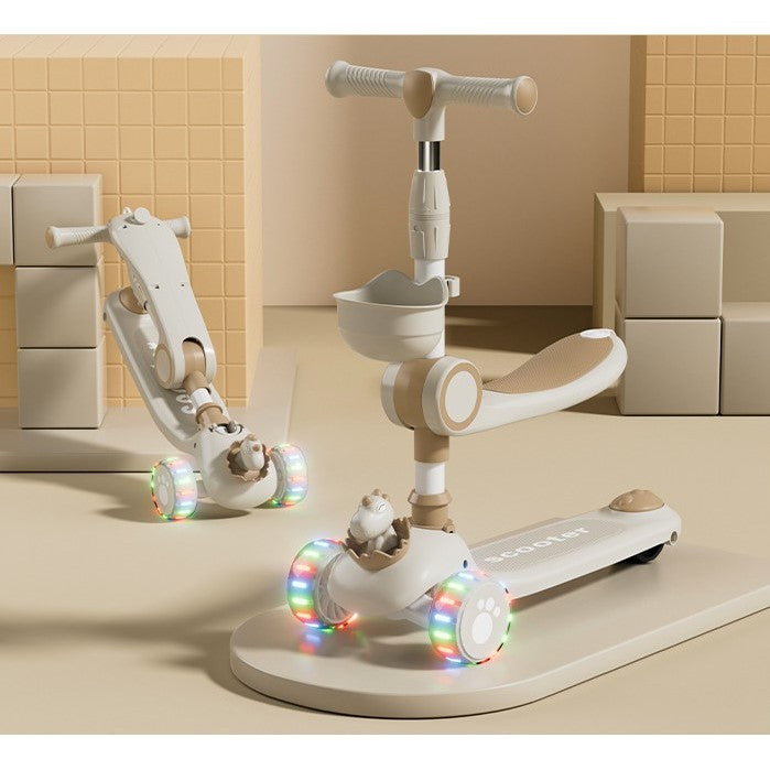 Trotineta Multifunctionala 3 in 1, pentru Copii, 1-7 Ani, cu Lumini si Muzica, Reglabil 360, Pliere Usoara, Reglarea Inaltimii, Model Dinozaur, Alb/Bej