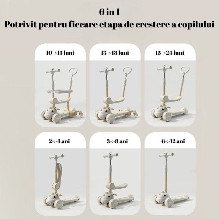 Trotineta Multifunctionala 6 in 1, Pentru Copii De La 10 Luni Pana La 12 Ani, Cu Maner De Impingere, Reglabil 360, Pliere Usoara, Reglarea Inaltimii,Model Dinozaur Alb/Bej