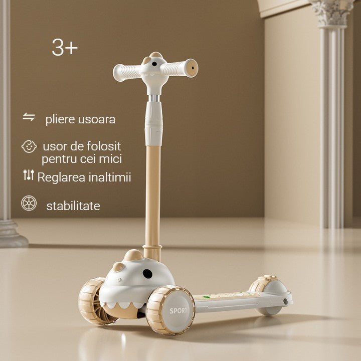 Trotineta Multifunctionala 6 in 1, Pentru Copii De La 10 Luni Pana La 12 Ani, Cu Maner De Impingere, Reglabil 360, Pliere Usoara, Reglarea Inaltimii,Model Dinozaur Alb/Bej