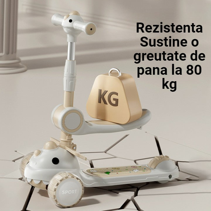 Trotineta Multifunctionala 6 in 1, Pentru Copii De La 10 Luni Pana La 12 Ani, Cu Maner De Impingere, Reglabil 360, Pliere Usoara, Reglarea Inaltimii,Model Dinozaur Alb/Bej