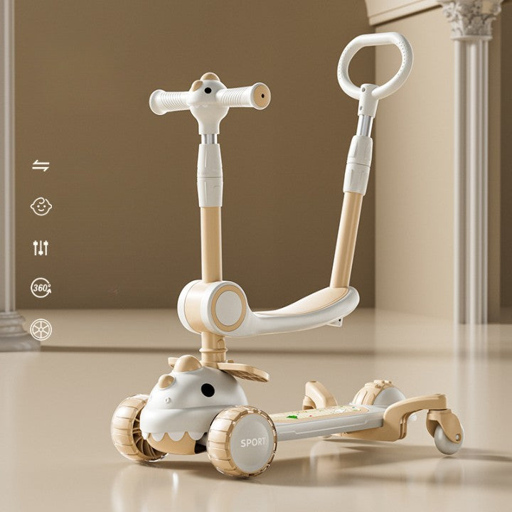 Trotineta Multifunctionala 6 in 1, Pentru Copii De La 10 Luni Pana La 12 Ani, Cu Maner De Impingere, Reglabil 360, Pliere Usoara, Reglarea Inaltimii,Model Dinozaur Alb/Bej