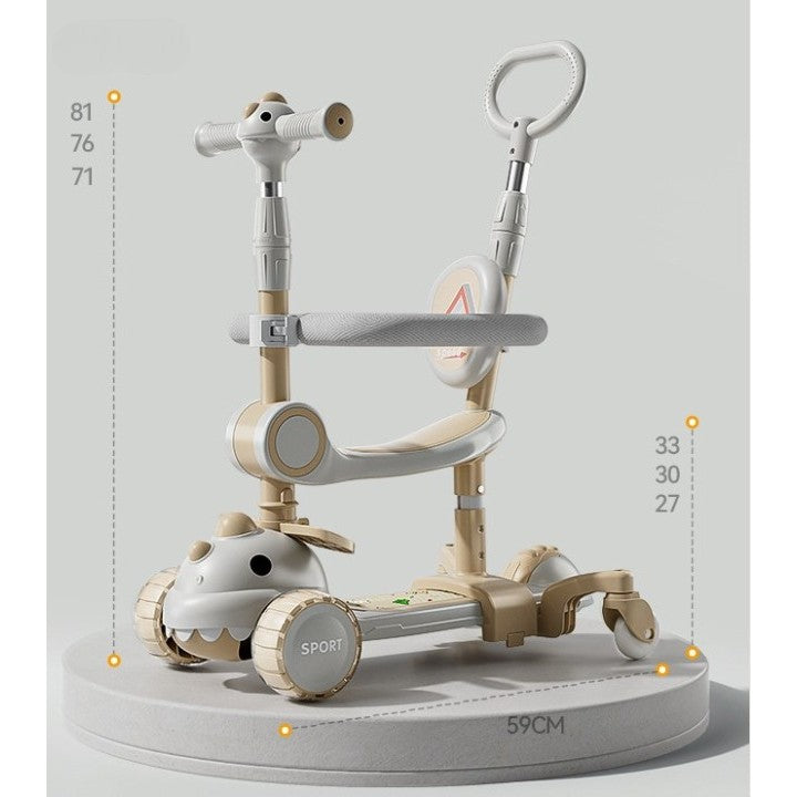 Trotineta Multifunctionala 6 in 1, Pentru Copii De La 10 Luni Pana La 12 Ani, Cu Maner De Impingere, Reglabil 360, Pliere Usoara, Reglarea Inaltimii,Model Dinozaur Alb/Bej