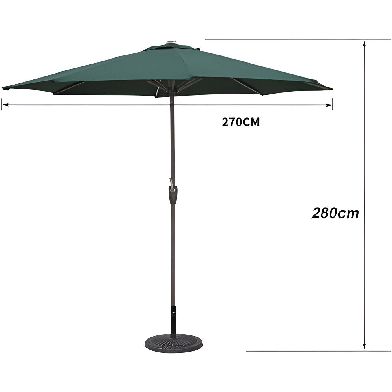 Umbrela rotunda de soare pentru terasa sau grădină, diametru 2.70m înălțime , 2.80m, 9 brațe , manivela , diametru tija 35mm, înclinare-Verde