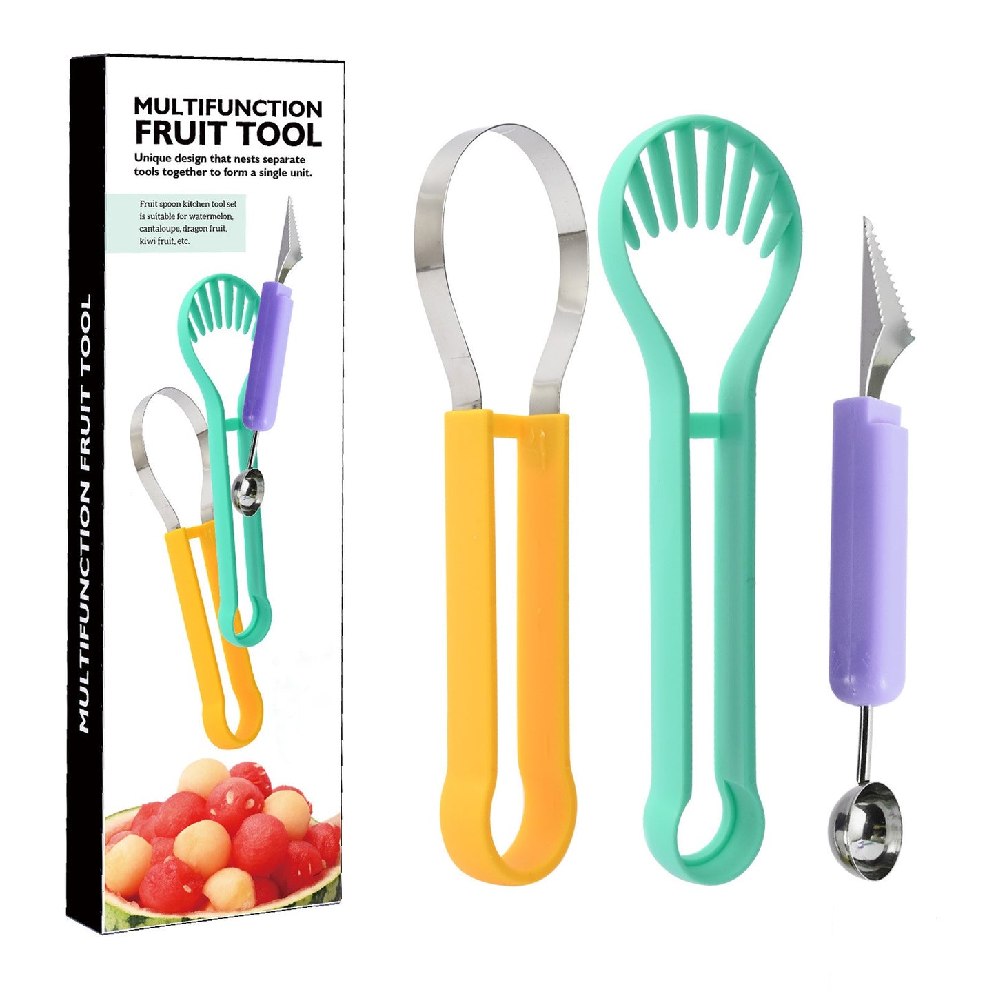 Ustensila de bucătărie 4in1 pentru tăiat si decorat fructe din inox.