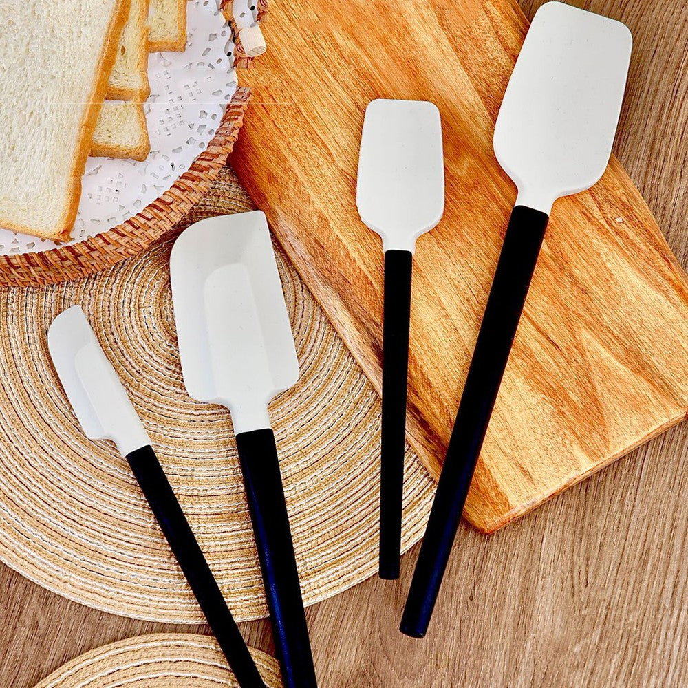 Ustensile de Bucatarie, Set din 4 bucati, din Silicon si Lemn, Spatule de Diferite Dimensiuni, Termo rezistente, Antiaderente, Instrument de Amestecat in Bucatarie