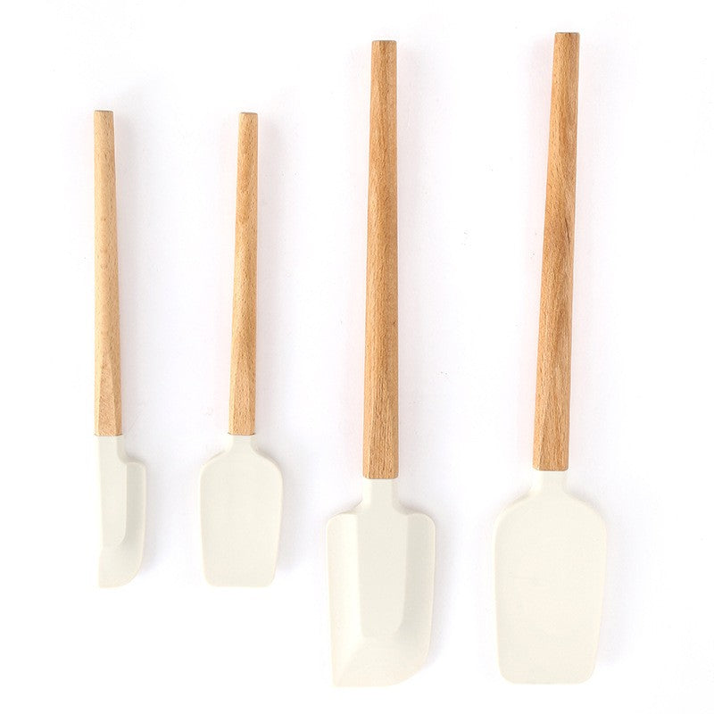 Ustensile de Bucatarie, Set din 4 bucati, din Silicon si Lemn, Spatule de Diferite Dimensiuni, Termo rezistente, Antiaderente, Instrument de Amestecat in Bucatarie