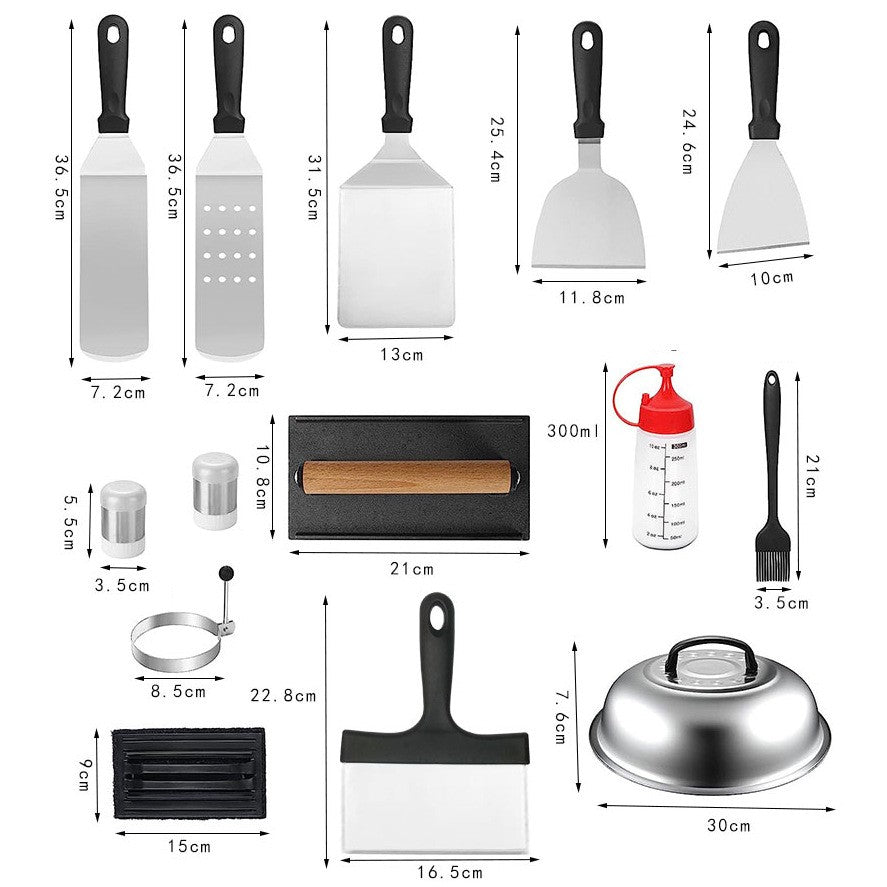 Ustensile pentru Gratar, Set din 17 Ustensile pentru Gratar cu Preparare de tip Plita, Ustensile din Otel Inoxidabil cu Manere din Plastic PP, cu Geanta