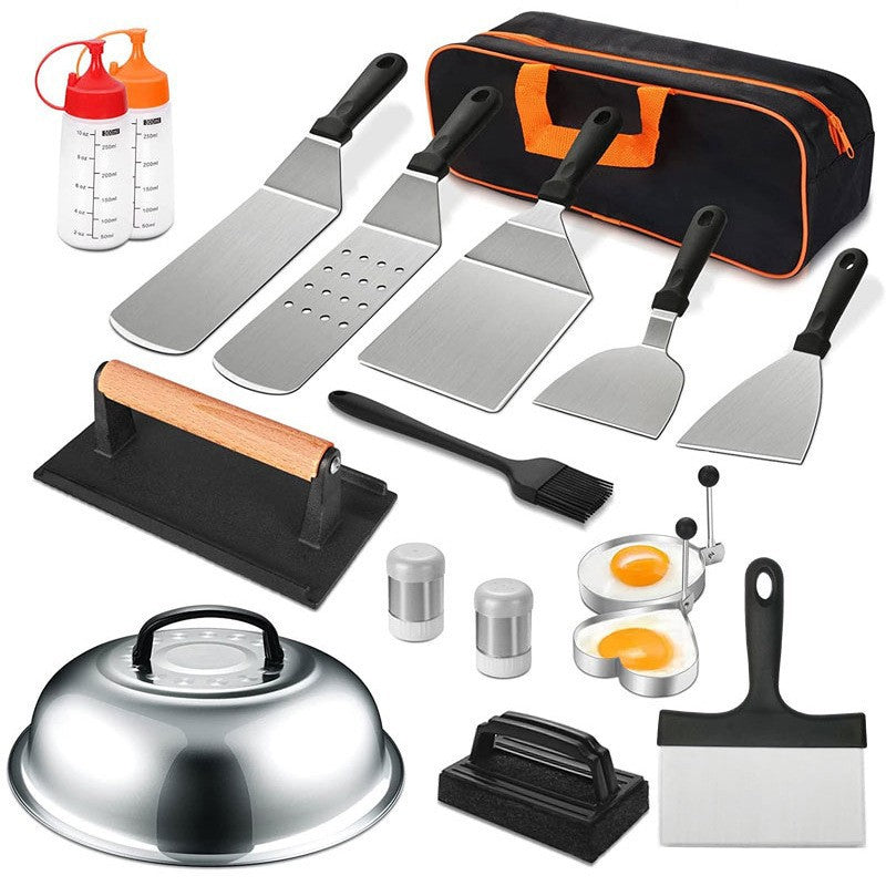 Ustensile pentru Gratar, Set din 17 Ustensile pentru Gratar cu Preparare de tip Plita, Ustensile din Otel Inoxidabil cu Manere din Plastic PP, cu Geanta