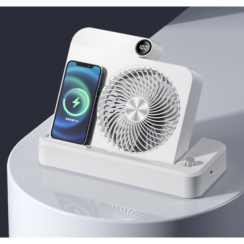 Ventilator Smart 2 în 1 MaisonElise – 100 Trepte de Viteză, Încărcare Wireless Telefon, Afișaj Digital, 2400 mAh, Ultra Silențios, USB-C, Bej, 25 x 16.5 x 24 cm