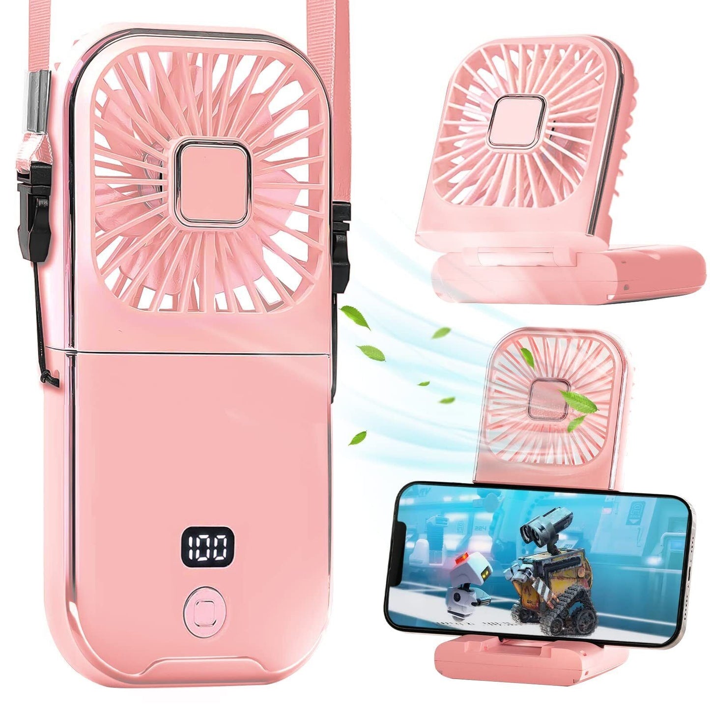 Ventilator Portabil 3 în 1 Maison Elise – De Mână, Gât sau Birou, Pliabil, USB, Suport Telefon, Roz