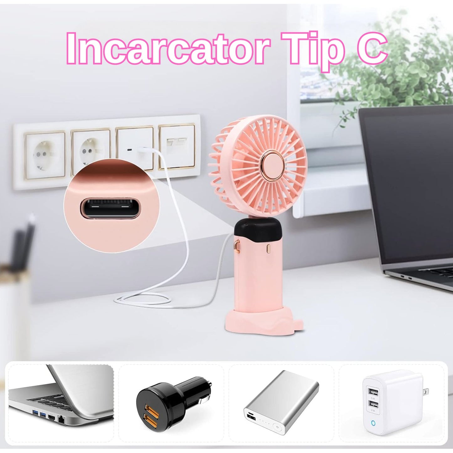Ventilator Ultra Portabil Maison Elise 3 în 1 – Mâna, Birou, Gât, Aromaterapie, Ecran LCD, Roz