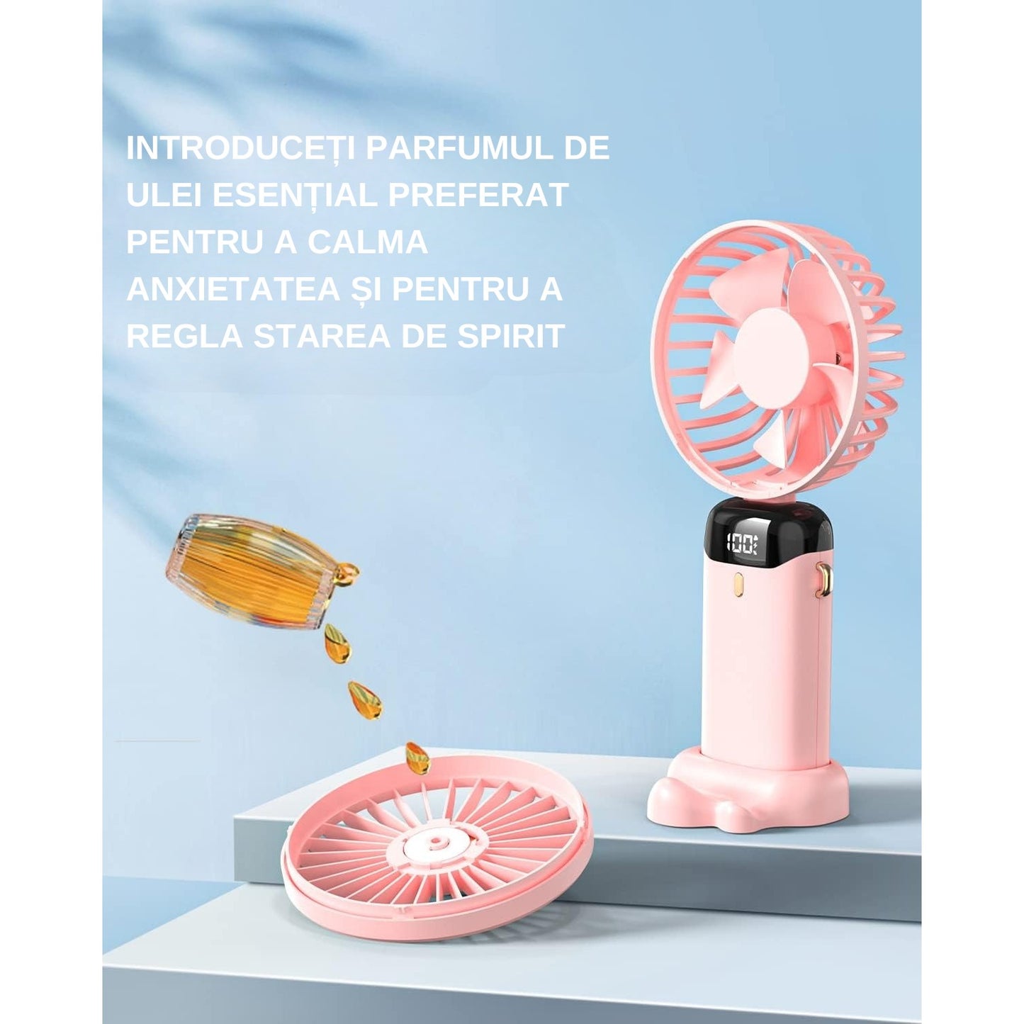 Ventilator Ultra Portabil Maison Elise 3 în 1 – Mâna, Birou, Gât, Aromaterapie, Ecran LCD, Roz