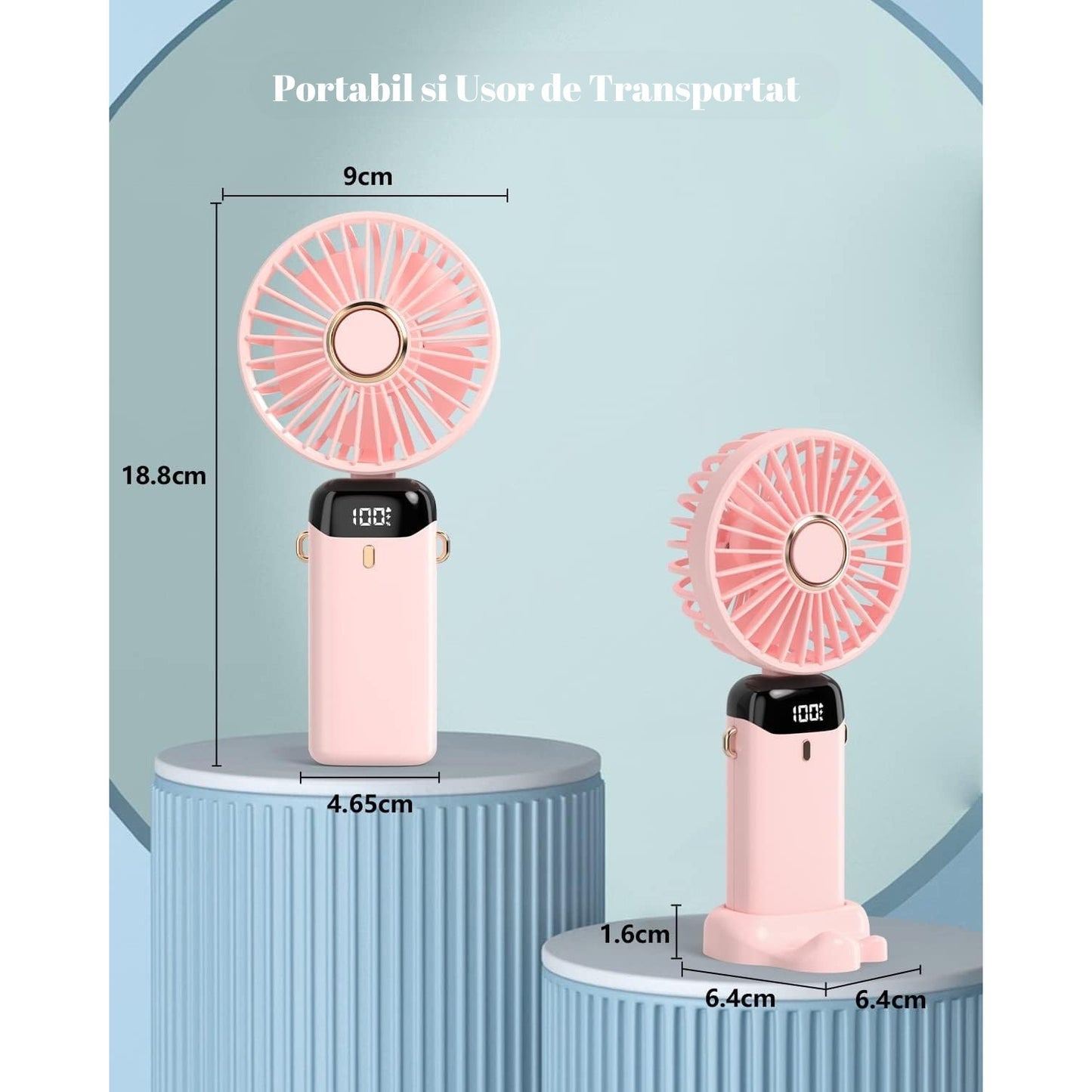 Ventilator Ultra Portabil Maison Elise 3 în 1 – Mâna, Birou, Gât, Aromaterapie, Ecran LCD, Roz