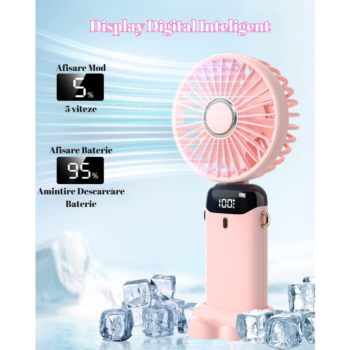 Ventilator Ultra Portabil Maison Elise 3 în 1 – Mâna, Birou, Gât, Aromaterapie, Ecran LCD, Roz