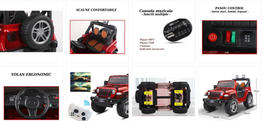 Masina electrica copii 2-9 ani, 12V, control volan+acceleratie si telecomanda, BT si USB
